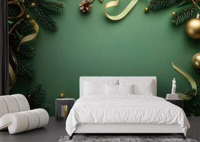 Christmas Green Background with Gold Decorations Wall mural