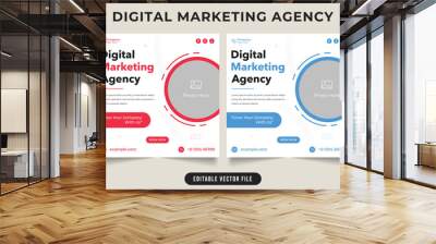 Digital marketing agency social media post vector with red and cyan colors. Business promotional web banner and poster design with photo placeholders. Corporate advertisement poster for marketing. Wall mural