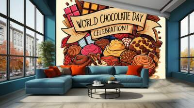 Delicious dark chocolate pieces for banner design vector illustration, Happy World Chocolate Day. Wall mural