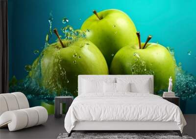 Fresh green apples fall into the water with a splash on blue background. Wall mural