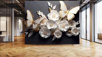 Goden butterflies with white flowers. Wall mural