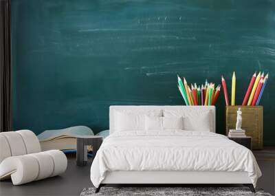 Green Chalkboard with Open Book and Pencils on Desk Wall mural