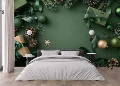 Green Christmas Decorations Flat Lay With Gifts Wall mural