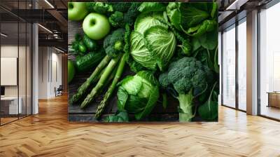 Green Vegetables Assortment on Wooden Background Wall mural