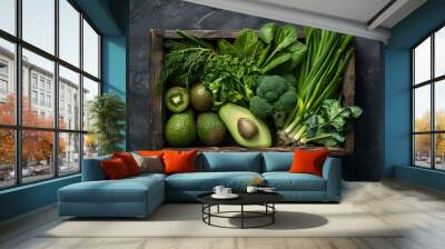 Green Vegetables in Wooden Box, Overhead View Wall mural