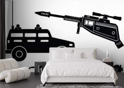 military vehicles and firearms vector icon silhouette vector illustration on black and white. Wall mural