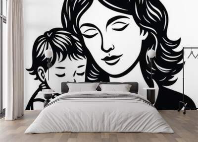 mother and child are holding their hands Line art vector illustration. Wall mural