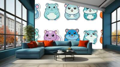 Set of cute cartoon hamster stickers. Kawaii hamster sticker vector isolated in white background. Collection of avatars mascots funny character animal stickers Wall mural