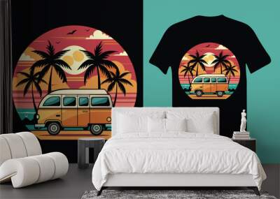 Summer vacation holiday journey vector art illustration graphic design for white and black t-shirt, Surfing graphic vector illustration for tee Wall mural