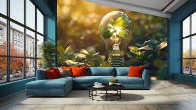 Light Bulb With Green Plant Inside, Nature Concept Wall mural