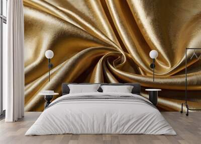 Luxury Glistening Fabric Wallpaper with Wrinkles and Folds. Gold, Smooth Wedding Background. Wall mural