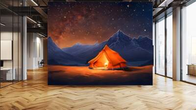 An orange tent with a burning light inside stands in a clearing under a starry sky. Beautiful starry night sky and the Milky Way. Concept for outdoor tourism in mountain. Cartoon vector illustration  Wall mural