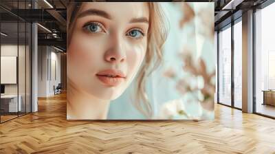 A beautiful girl with light brown hair, big eyes Woman exuding beauty with a natural makeup look, embodying elegance and timeless charm Wall mural