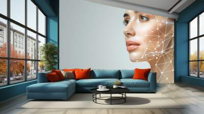 A beautiful woman is shown with an AI face scan system overlayed on her face, showing lines and dots connected to form facial muscle shapes. Wall mural