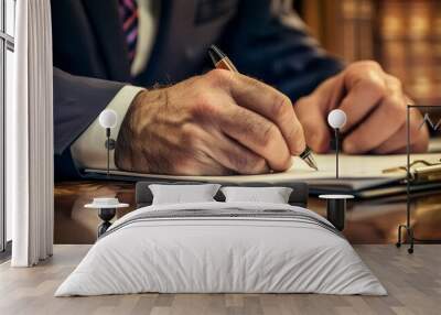 A businessman writing in his notebook with a pen at a wooden table in his office. Close up business view Wall mural