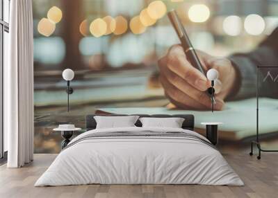 A businessman writing in his notebook with a pen at a wooden table in his office. Close up business view Wall mural