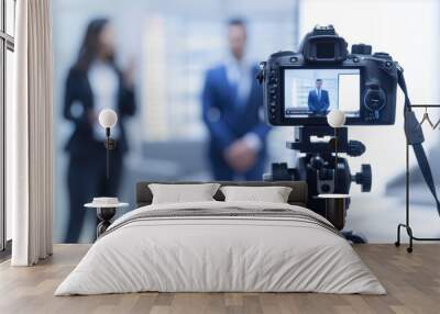 A camera is placed on the tripod, with two business people standing in front of it for an interview video, selective focus of digital camera shooting businessman in office Wall mural