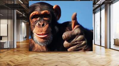 A chimpanzee is pointing at the camera with his hand, smiling and looking directly into your eyes. Chimp monkey businessman giving thumbs up. Animal in human body, entrepreneur Wall mural