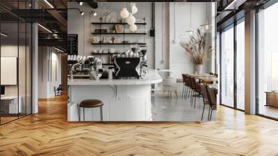 A coffee shop with white walls and black accents, featuring an elegant bar counter with two large espresso machines at the center of it. The space also includes minimalistic furniture Wall mural