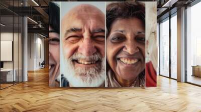 A collage of family photos featuring smiling faces from different ages and ethnicities Smiling group of ethnically diverse businessmen and businesswomen Wall mural