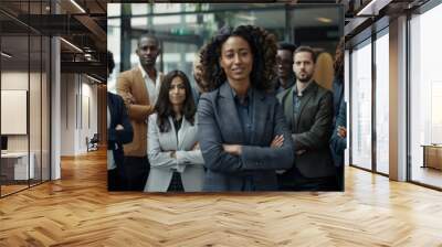 A diverse group of businesspeople stand together, smiling and looking confident in an office setting. business professionals stands confidently with arms crossed, showcasing collaboration and success Wall mural