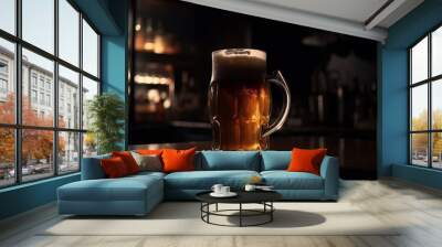 A glass of cold refreshing beer on a dark bar scene Wall mural