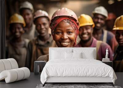 A group of happy smiling black african construction workers in hard hats stand for a picture. working outside. construction workers and engineers with safety helmets at a construction. Wall mural