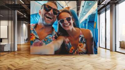 A happy couple taking selfie photo on airplane, Happy tourist taking selfie inside airplane - Cheerful couple on summer vacation - Passengers boarding on plane - Holidays and transportation concept Wall mural