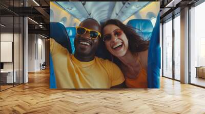 A happy couple taking selfie photo on airplane, Happy tourist taking selfie inside airplane - Cheerful couple on summer vacation - Passengers boarding on plane - Holidays and transportation concept Wall mural