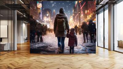 A woman and child walks down a busy cold, winter city street at night. Mother and son smile hugging on a cold and snowy street at night Wall mural