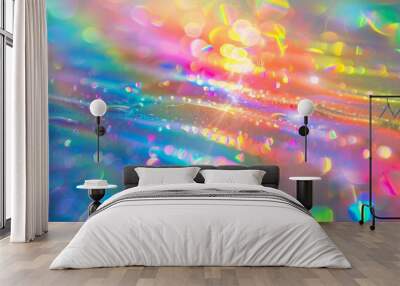 Abstract holographic rainbow background with blurred light and color rays. Holography. Rainbow, bright, colorful background. Shiny abstract light reflection. blurry background. Flat lay style. Wall mural