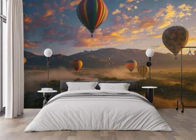 Aerial view of the hot air balloons rising majestically at sunrise, creating an enchanting scene, view from above with hundreds of hot air balloons floating in the summer sunset sky Wall mural