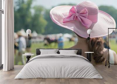 Back view of a woman wearing a pink bow hat at a summer racing event, Easter fashion elegant and stylish ladies at the horse race, A group of women in colorful spring fashion Wall mural