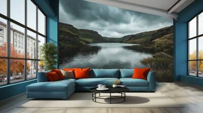 Beautiful landscape of the peak district with an ancient lake, overcast stormy sky Wall mural