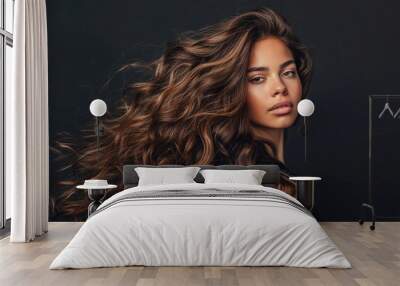 Beautiful woman Beauty brunette girl with long and shiny wavy black hair . Beautiful woman model with curly hairstyle Wall mural