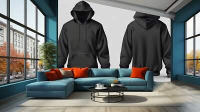 Black hoodie hoody template vector illustration isolated on white background front and back view. Wall mural