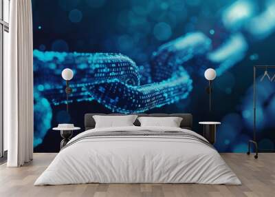 Blue digital chain symbolizing blockchain technology, with glowing data points representing various virtual blocks connected together in unbroken line, creating intricate background. block, network. Wall mural