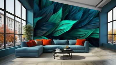 Blue green lush tropical leaves on a dark black background, abstract green texture, nature background, tropical leaf Wall mural