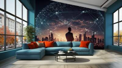 Business man viewing a holograph of a global network with nodes and information highways Wall mural