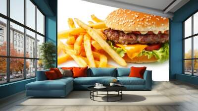 Cheeseburger with fries isolated on white background, png. Side of french fries isolated on white. Perfect for fast food and minimalist food photography. Wall mural