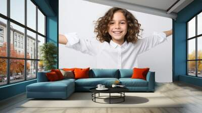 Child young boy is Surprised and excited, opening eyes and mouth, Bright solid light color background Wall mural