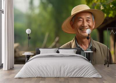 Chinese farmer smiling for the camera against the backdrop of their lush, sun-kissed paddy fields, conveying a sense of satisfaction and connection to the land with Hmong-Mien cultures Wall mural