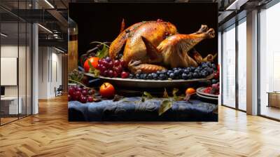 Christmas, thanksgiving dinner with whole roasted turkey or chicken on rustic wooden table. Wall mural