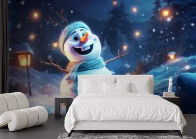 christmas decoration with a cute cheerful happy little snowman in the snow in a winter park with bea Wall mural