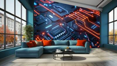 Closeup of an intricate circuit board with glowing lights, representing the complex inner proportions and patterns in technology. The vibrant colors symbolize energy and data flow through connections Wall mural