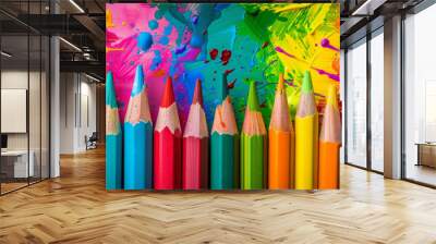 Colorful pencils on a colorful background with paint splashes, symbolizing creativity and drawing in an art class or school setting. Artist store online banner Wall mural