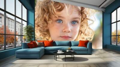 Cute little girl with blue eyes and curly blonde hair is looking at the camera. Portrait photo. young girl with bright blue eyes and a charming smile, showcasing innocence, purity, childhood wonder. Wall mural