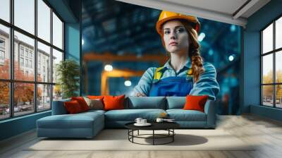 Female engineer with arms crossed, wearing a hard hat and overalls in the background of a modern factory hall.portrait woman worker Wall mural