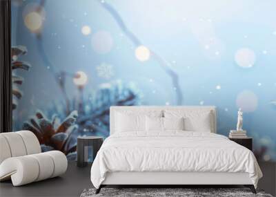 Festive winter background with pine cones and snowflakes, creating an enchanting atmosphere for Christmas or New Year's festive decorations Wall mural