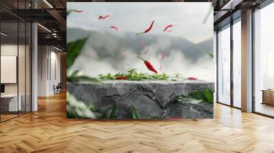 Gray stone podium surrounded by flying red chili peppers, set against the backdrop of misty mountains and lush greenery. Product presentation copy space Wall mural